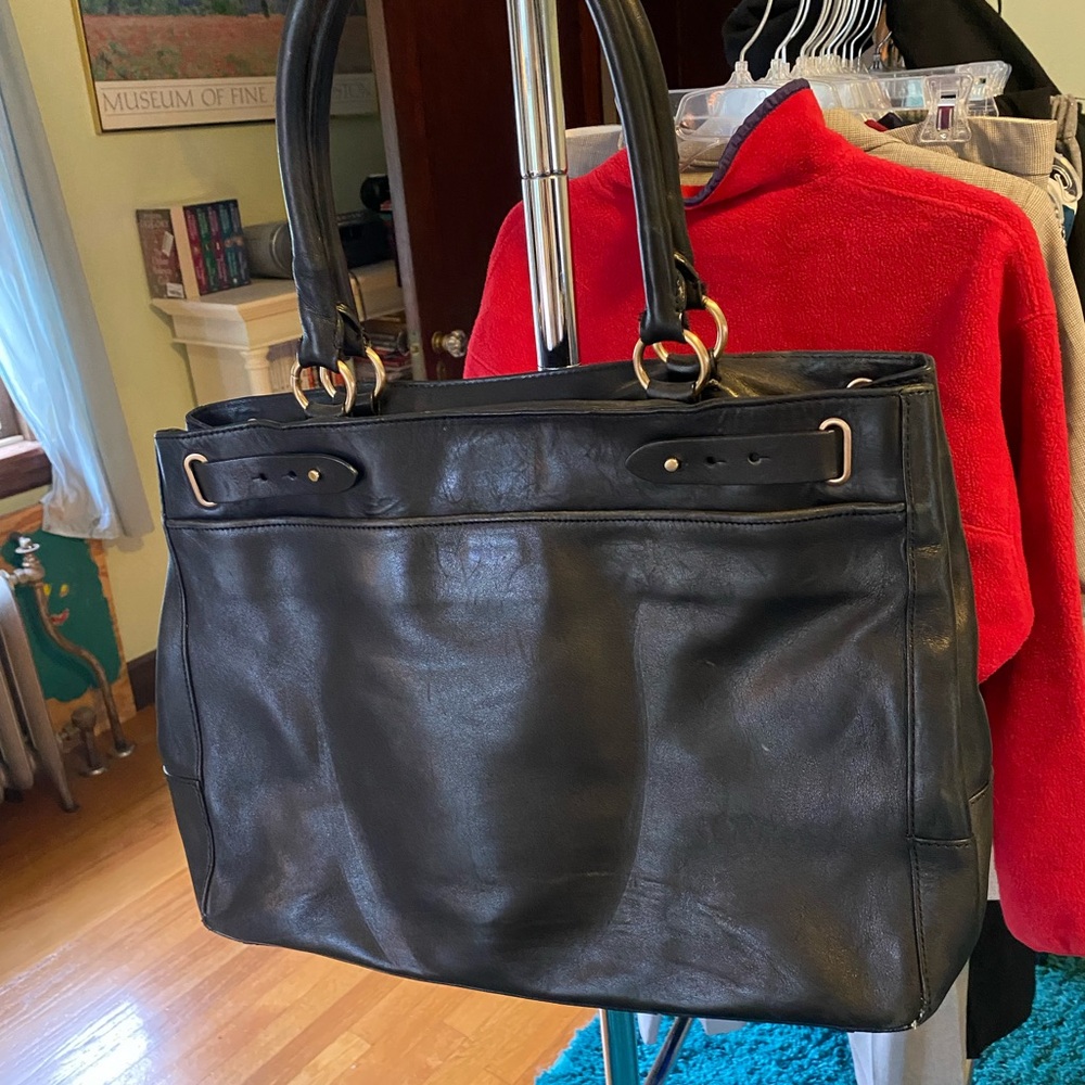 Large Black Leather Ann Taylor Satchel with Brass Hardware - Picture 7 of 10